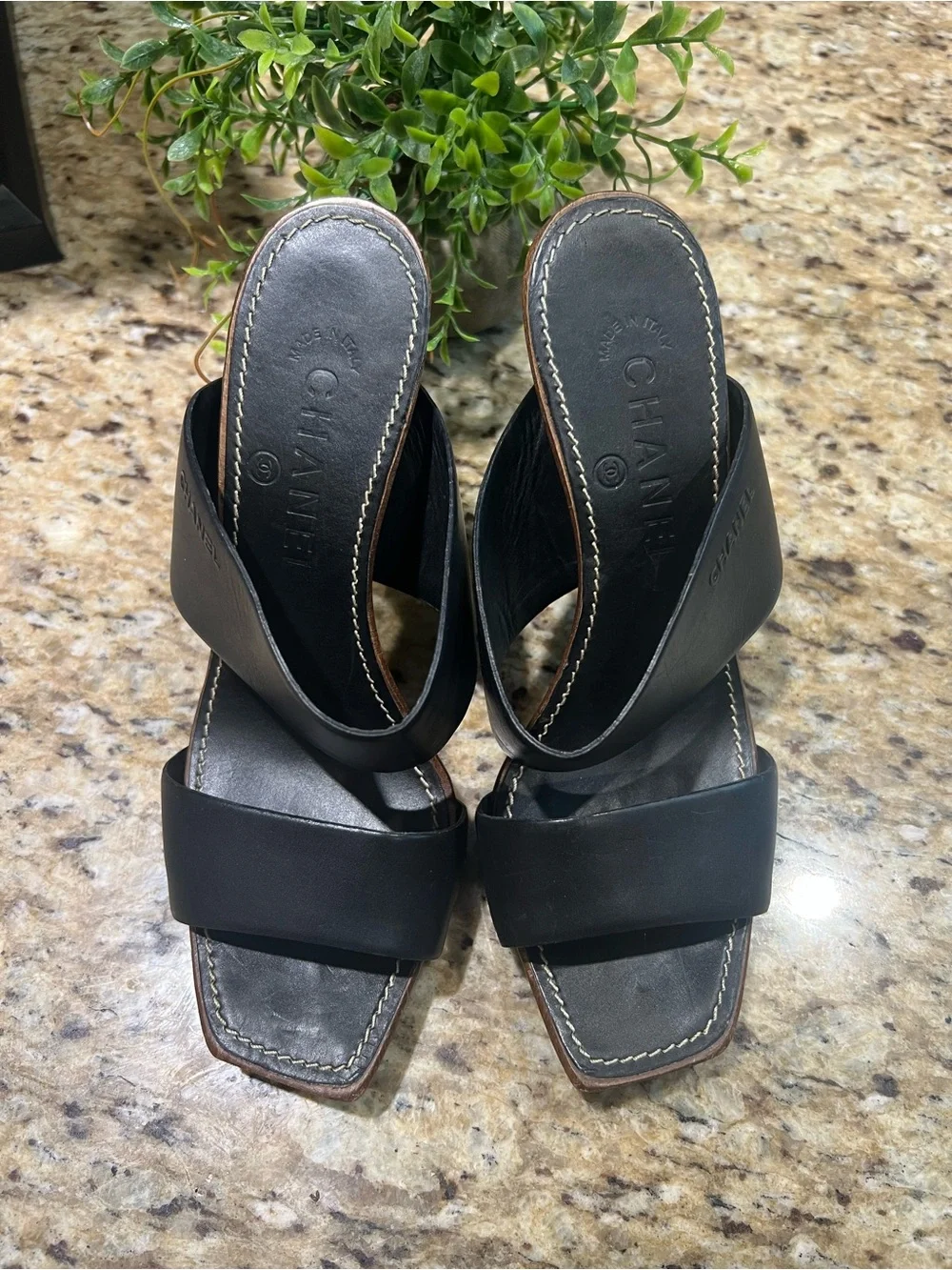 CHANEL Black Leather Studded Platform Mules 36.5